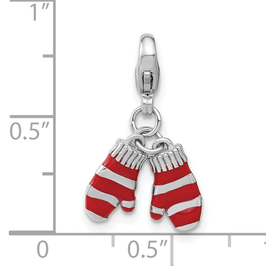 Sterling Silver Amore La Vita Rhodium-Plated Polished 3-D Enameled Mittens Charm With Fancy Lobster Clasp