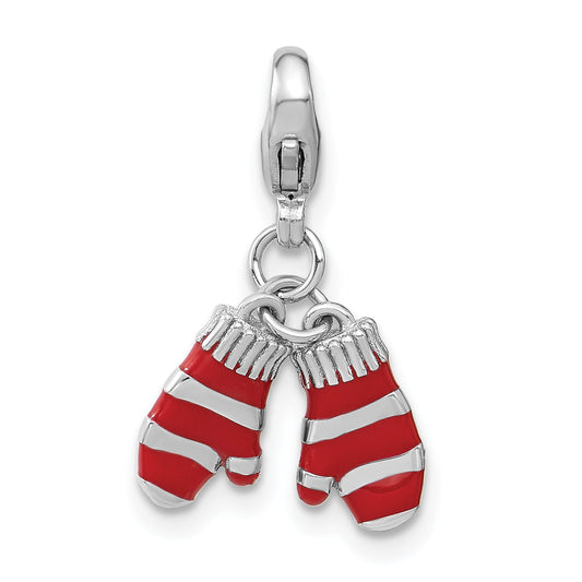 Sterling Silver Amore La Vita Rhodium-Plated Polished 3-D Enameled Mittens Charm With Fancy Lobster Clasp