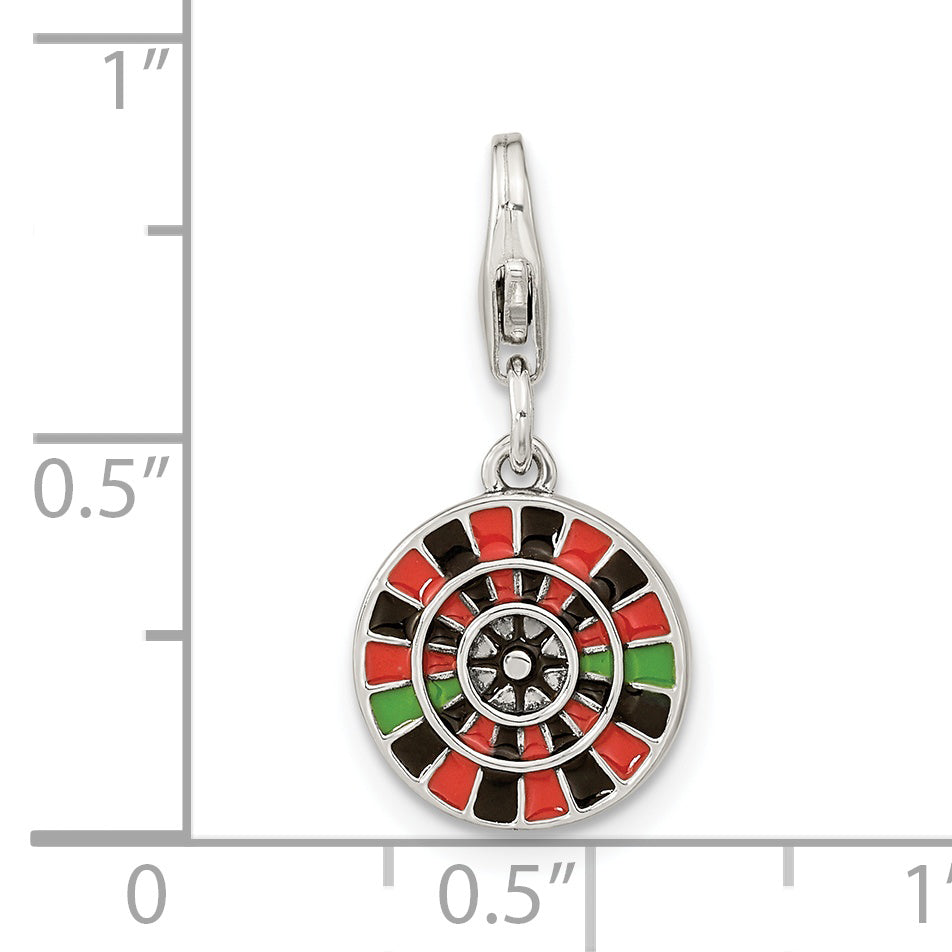 Sterling Silver Amore La Vita Rhodium-Plated Polished Antiqued Enameled Reversible Las Vegas Roulette Charm With Fancy Lobster Clasp