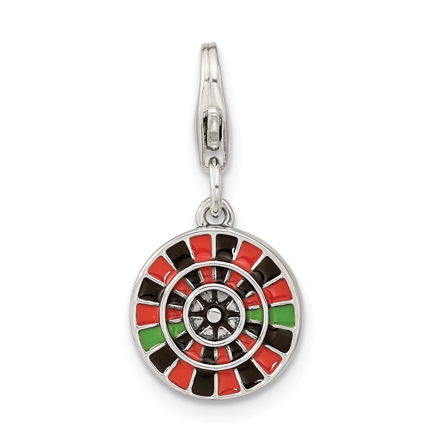 Sterling Silver Amore La Vita Rhodium-Plated Polished Antiqued Enameled Reversible Las Vegas Roulette Charm With Fancy Lobster Clasp