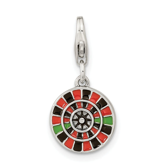 Sterling Silver Amore La Vita Rhodium-Plated Polished Antiqued Enameled Reversible Las Vegas Roulette Charm With Fancy Lobster Clasp