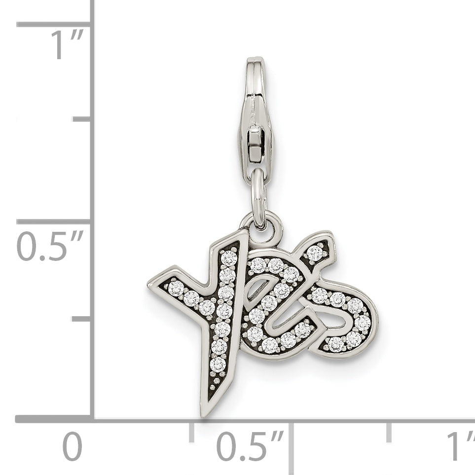 Sterling Silver Amore La Vita Rhodium-Plated Polished Antiqued Cz Yes Charm With Fancy Lobster Clasp