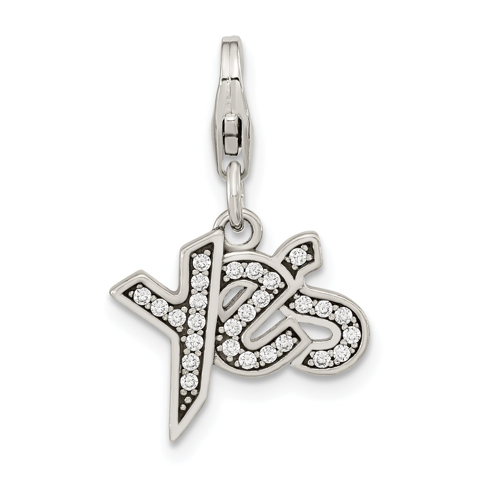 Sterling Silver Amore La Vita Rhodium-Plated Polished Antiqued Cz Yes Charm With Fancy Lobster Clasp