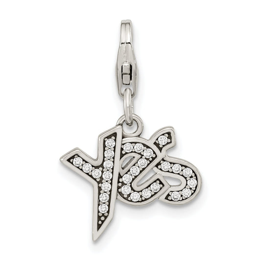 Sterling Silver Amore La Vita Rhodium-Plated Polished Antiqued Cz Yes Charm With Fancy Lobster Clasp