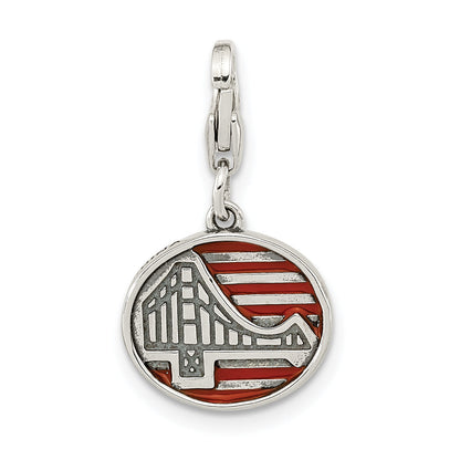Sterling Silver Amore La Vita Rhodium-Plated Polished Antiqued Enameled Reversible Golden Gate Bridge Charm With Fancy Lobster Clasp