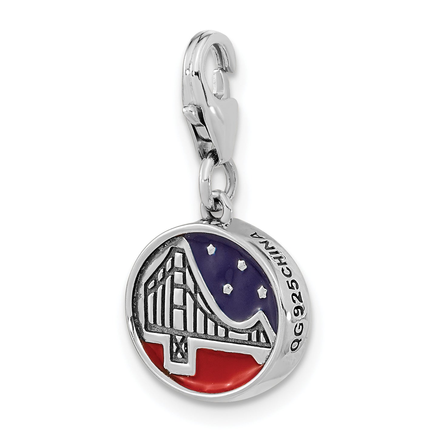 Sterling Silver Amore La Vita Rhodium-Plated Polished Antiqued Enameled Reversible Golden Gate Bridge Charm With Fancy Lobster Clasp