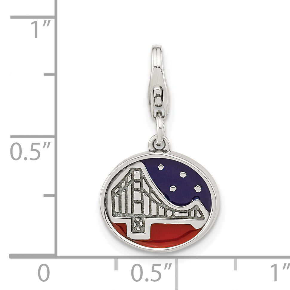 Sterling Silver Amore La Vita Rhodium-Plated Polished Antiqued Enameled Reversible Golden Gate Bridge Charm With Fancy Lobster Clasp