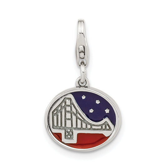 Sterling Silver Amore La Vita Rhodium-Plated Polished Antiqued Enameled Reversible Golden Gate Bridge Charm With Fancy Lobster Clasp