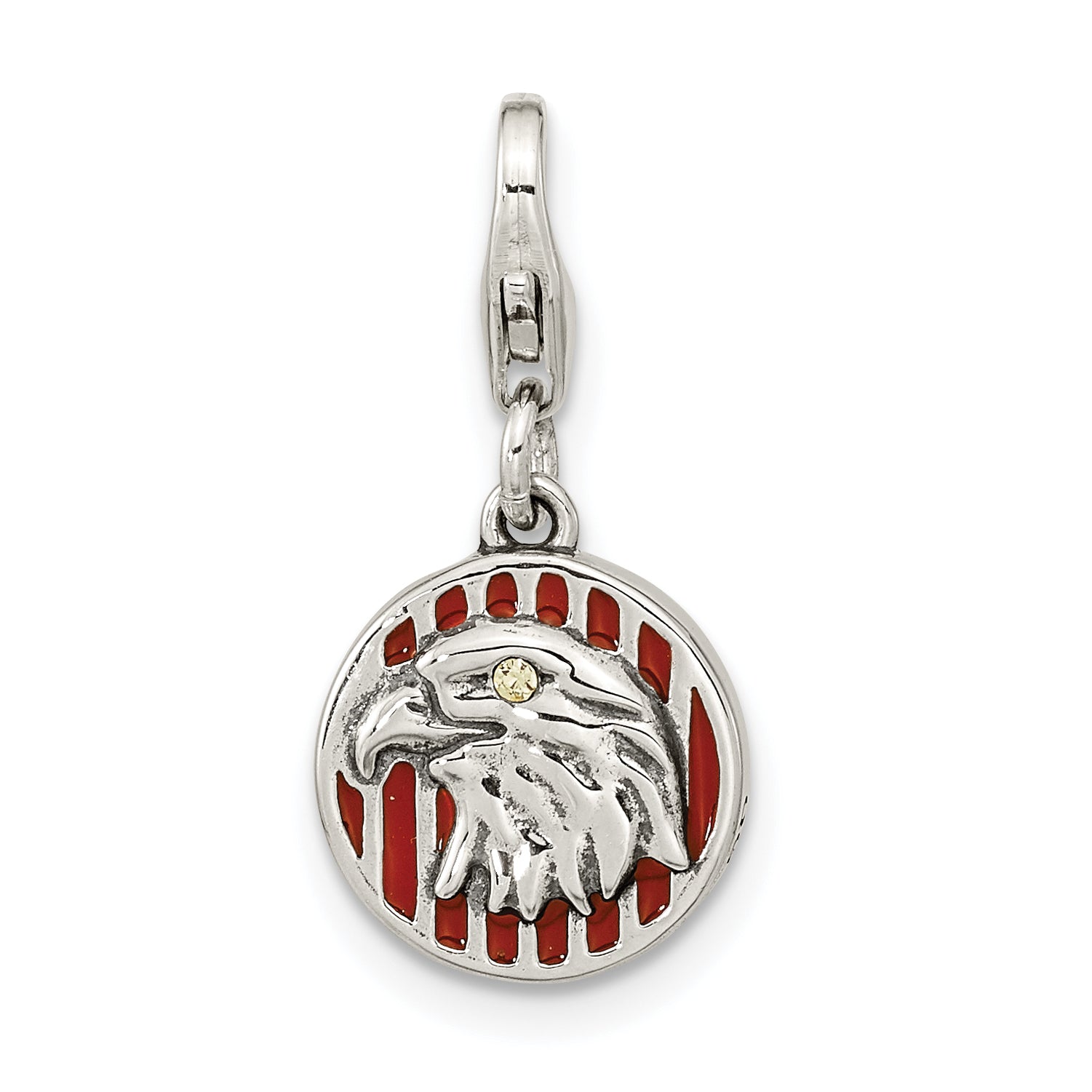 Sterling Silver Amore La Vita Rhodium-Plated Polished Antiqued Enameled Crystal From Swarovski Reversible American Flag Eagle Charm With Fancy Lobster Clasp