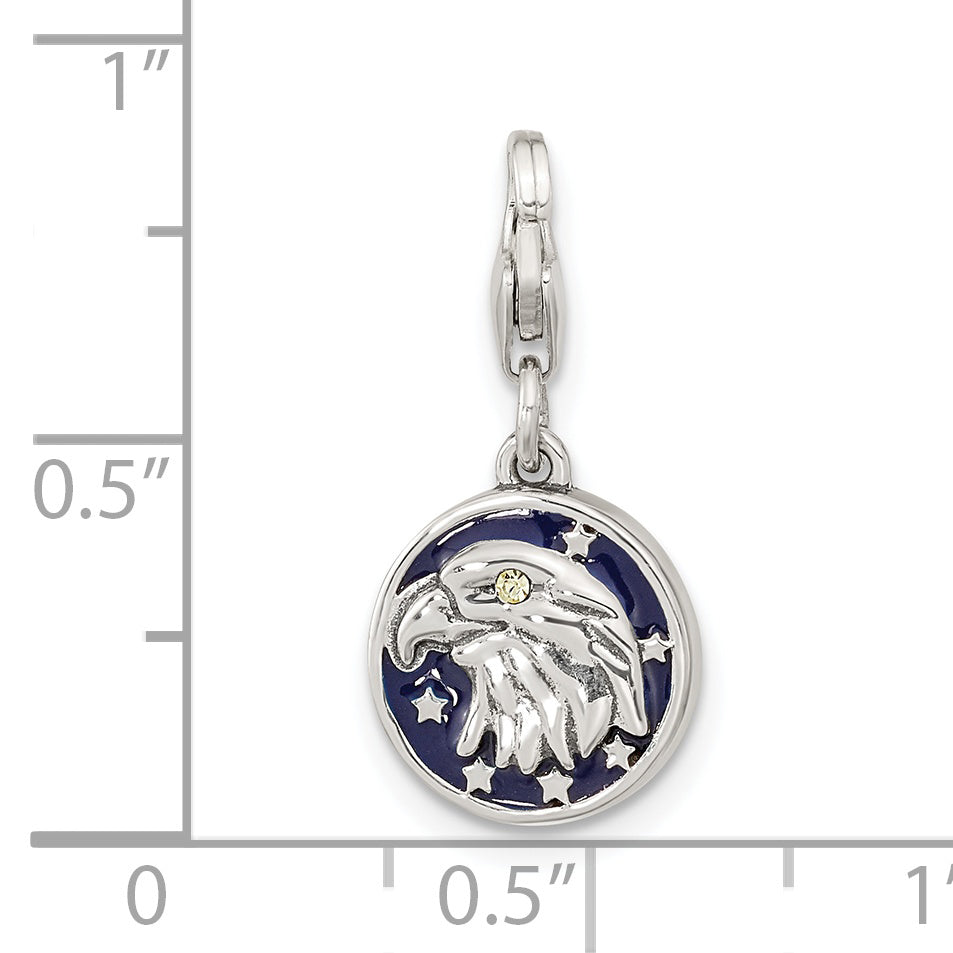 Sterling Silver Amore La Vita Rhodium-Plated Polished Antiqued Enameled Crystal From Swarovski Reversible American Flag Eagle Charm With Fancy Lobster Clasp
