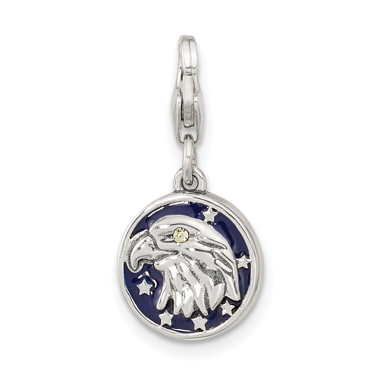 Sterling Silver Amore La Vita Rhodium-Plated Polished Antiqued Enameled Crystal From Swarovski Reversible American Flag Eagle Charm With Fancy Lobster Clasp