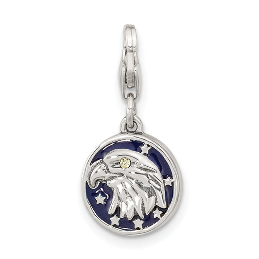 Sterling Silver Amore La Vita Rhodium-Plated Polished Antiqued Enameled Crystal From Swarovski Reversible American Flag Eagle Charm With Fancy Lobster Clasp