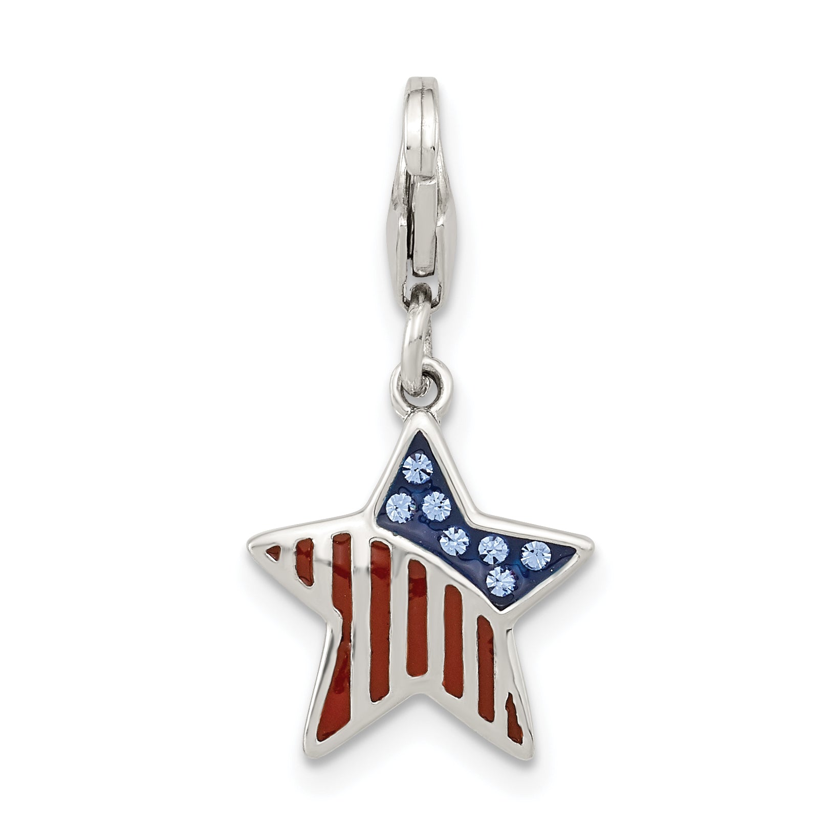 Sterling Silver Amore La Vita Rhodium-Plated Polished Enameled Crystal From Swarovski Reversible American Flag Star Charm With Fancy Lobster Clasp