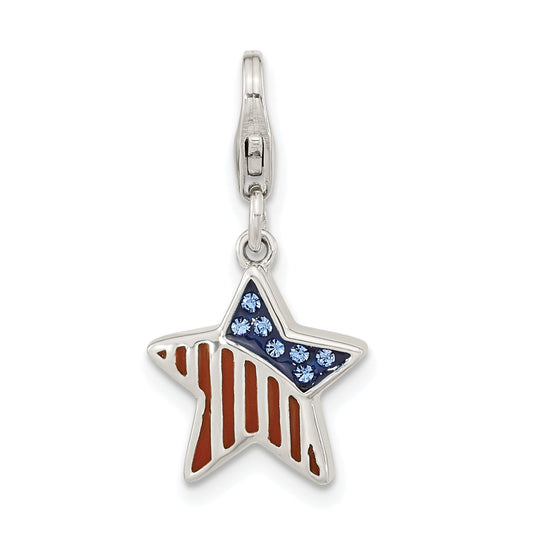 Sterling Silver Amore La Vita Rhodium-Plated Polished Enameled Crystal From Swarovski Reversible American Flag Star Charm With Fancy Lobster Clasp