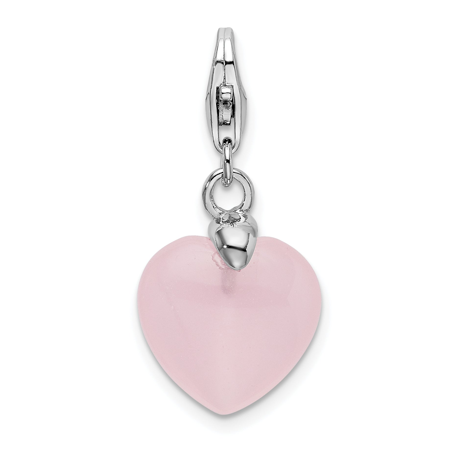 Sterling Silver Amore La Vita Rhodium-Plated Polished 3-D Rose Quartz Heart Charm With Fancy Lobster Clasp