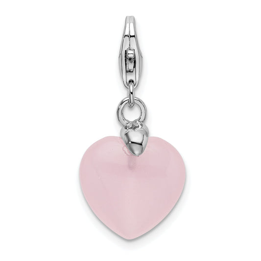 Sterling Silver Amore La Vita Rhodium-Plated Polished 3-D Rose Quartz Heart Charm With Fancy Lobster Clasp