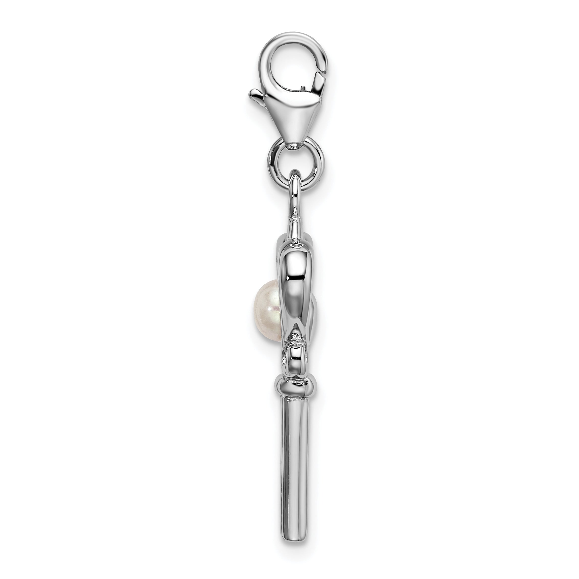 Sterling Silver Amore La Vita Rhodium-Plated Polished Freshwater Cultured Pearl Key Charm With Fancy Lobster Clasp
