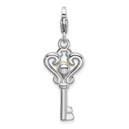 Sterling Silver Amore La Vita Rhodium-Plated Polished Freshwater Cultured Pearl Key Charm With Fancy Lobster Clasp