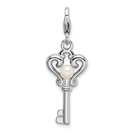 Sterling Silver Amore La Vita Rhodium-Plated Polished Freshwater Cultured Pearl Key Charm With Fancy Lobster Clasp