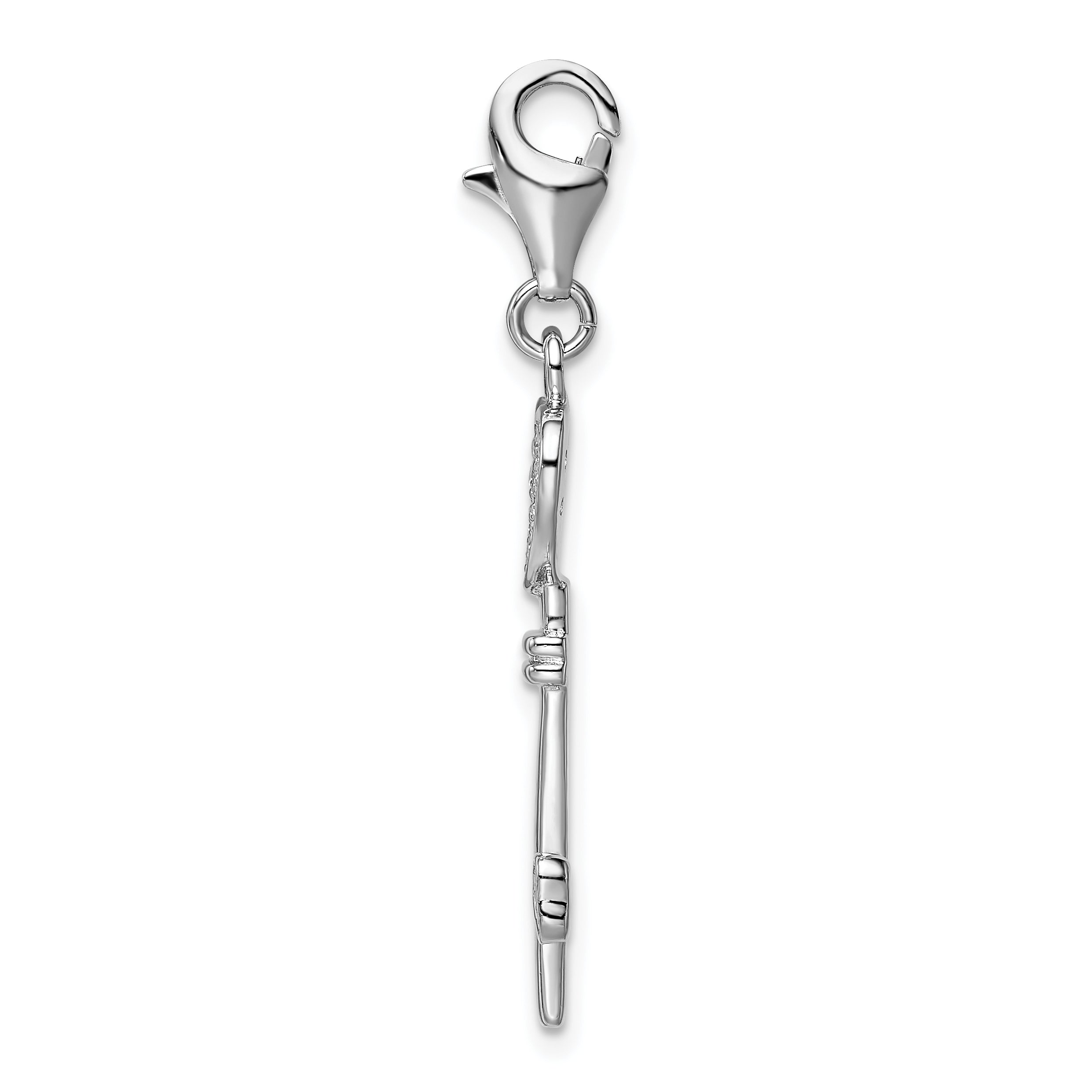 Sterling Silver Amore La Vita Rhodium-Plated Polished Clear Cz Heart Top Key Charm With Fancy Lobster Clasp