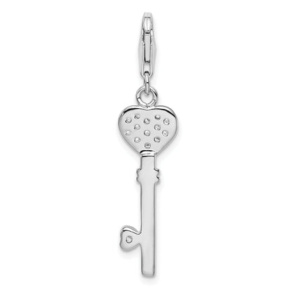 Sterling Silver Amore La Vita Rhodium-Plated Polished Clear Cz Heart Top Key Charm With Fancy Lobster Clasp