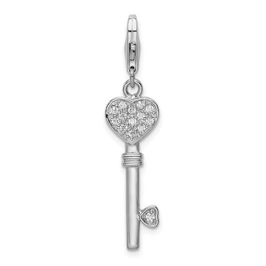 Sterling Silver Amore La Vita Rhodium-Plated Polished Clear Cz Heart Top Key Charm With Fancy Lobster Clasp