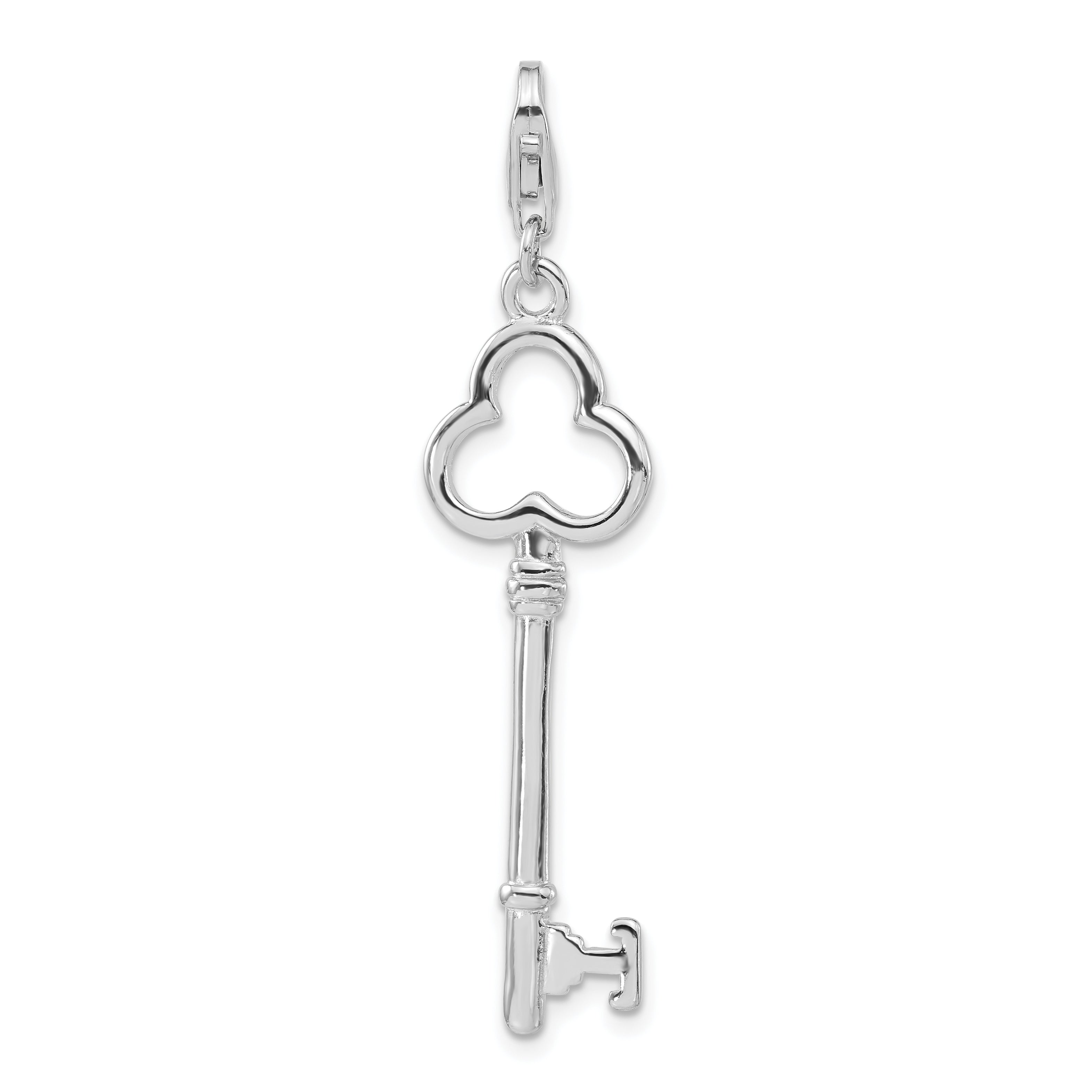 Sterling Silver Rhodium-Plated Polished Key W/Lobster Clasp Charm