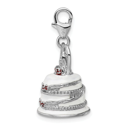 Sterling Silver Amore La Vita Rhodium-Plated Polished 3-D Enameled Wedding Cake Charm With Fancy Lobster Clasp