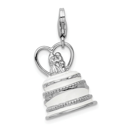 Sterling Silver Amore La Vita Rhodium-Plated Polished 3-D Enameled Wedding Cake Charm With Fancy Lobster Clasp