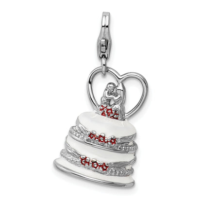 Sterling Silver Amore La Vita Rhodium-Plated Polished 3-D Enameled Wedding Cake Charm With Fancy Lobster Clasp
