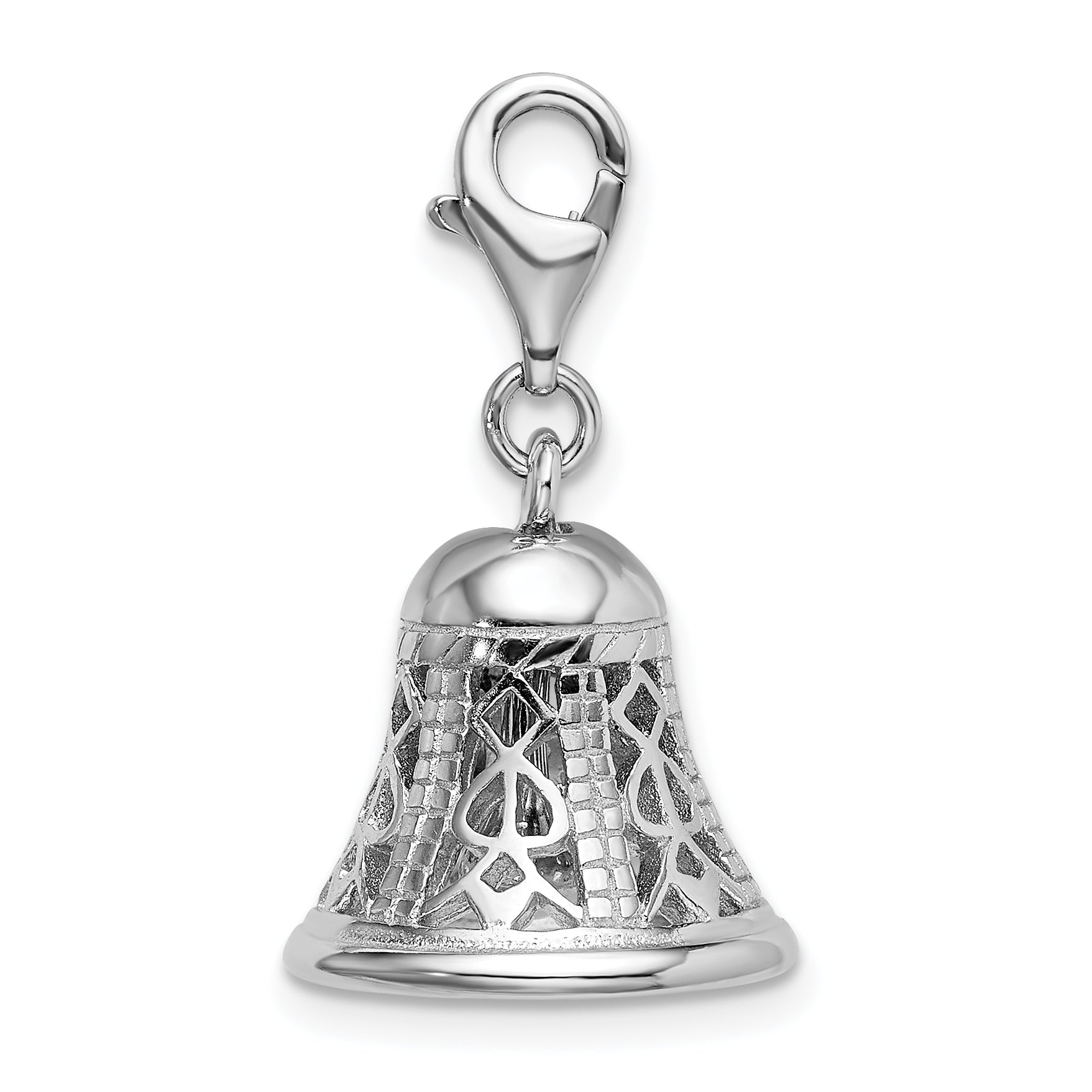 Sterling Silver Amore La Vita Rhodium-Plated Polished 3-D Movable Bell Charm With Fancy Lobster Clasp