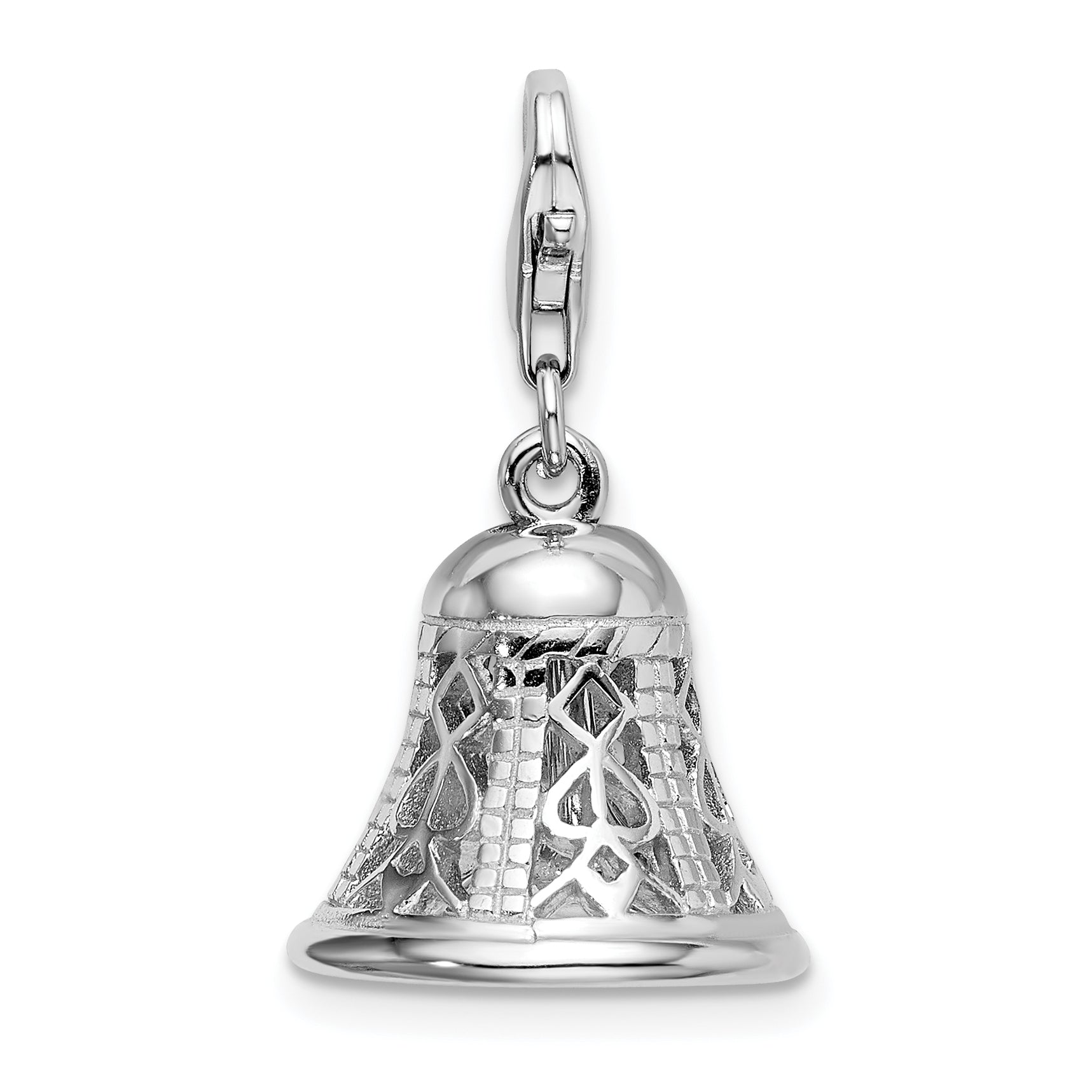 Sterling Silver Amore La Vita Rhodium-Plated Polished 3-D Movable Bell Charm With Fancy Lobster Clasp