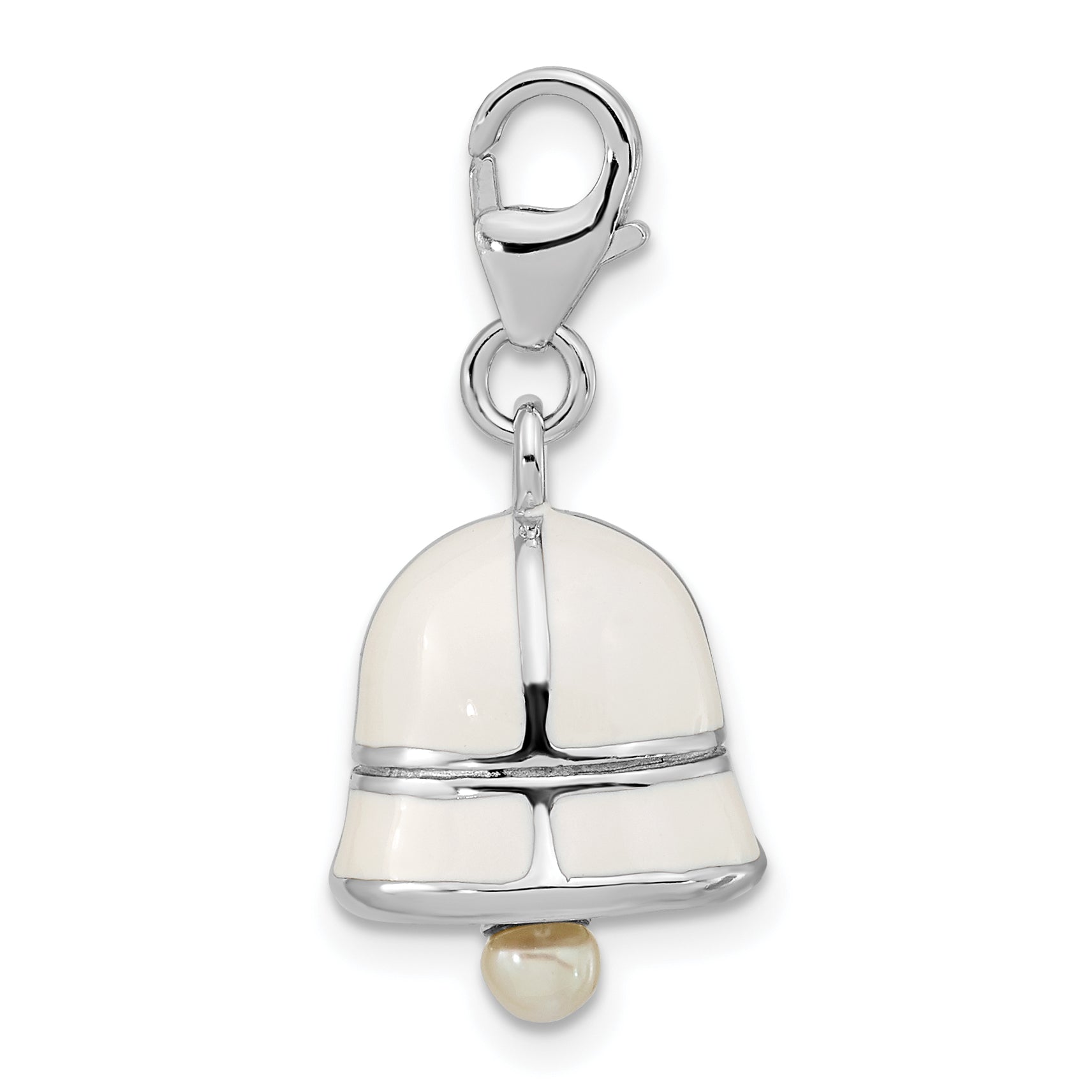 Sterling Silver Amore La Vita Rhodium-Plated Polished 3-D Moveable Freshwater Cultured Pearl White Enameled Bell Charm With Fancy Lobster Clasp