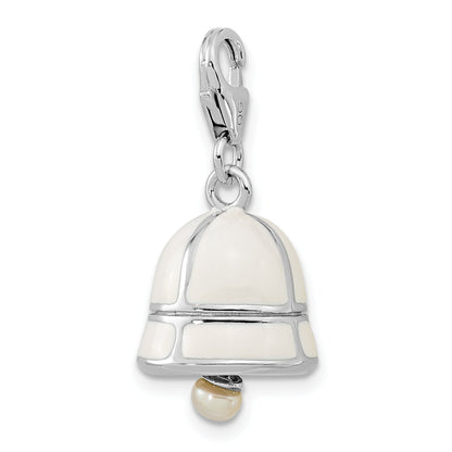 Sterling Silver Amore La Vita Rhodium-Plated Polished 3-D Moveable Freshwater Cultured Pearl White Enameled Bell Charm With Fancy Lobster Clasp