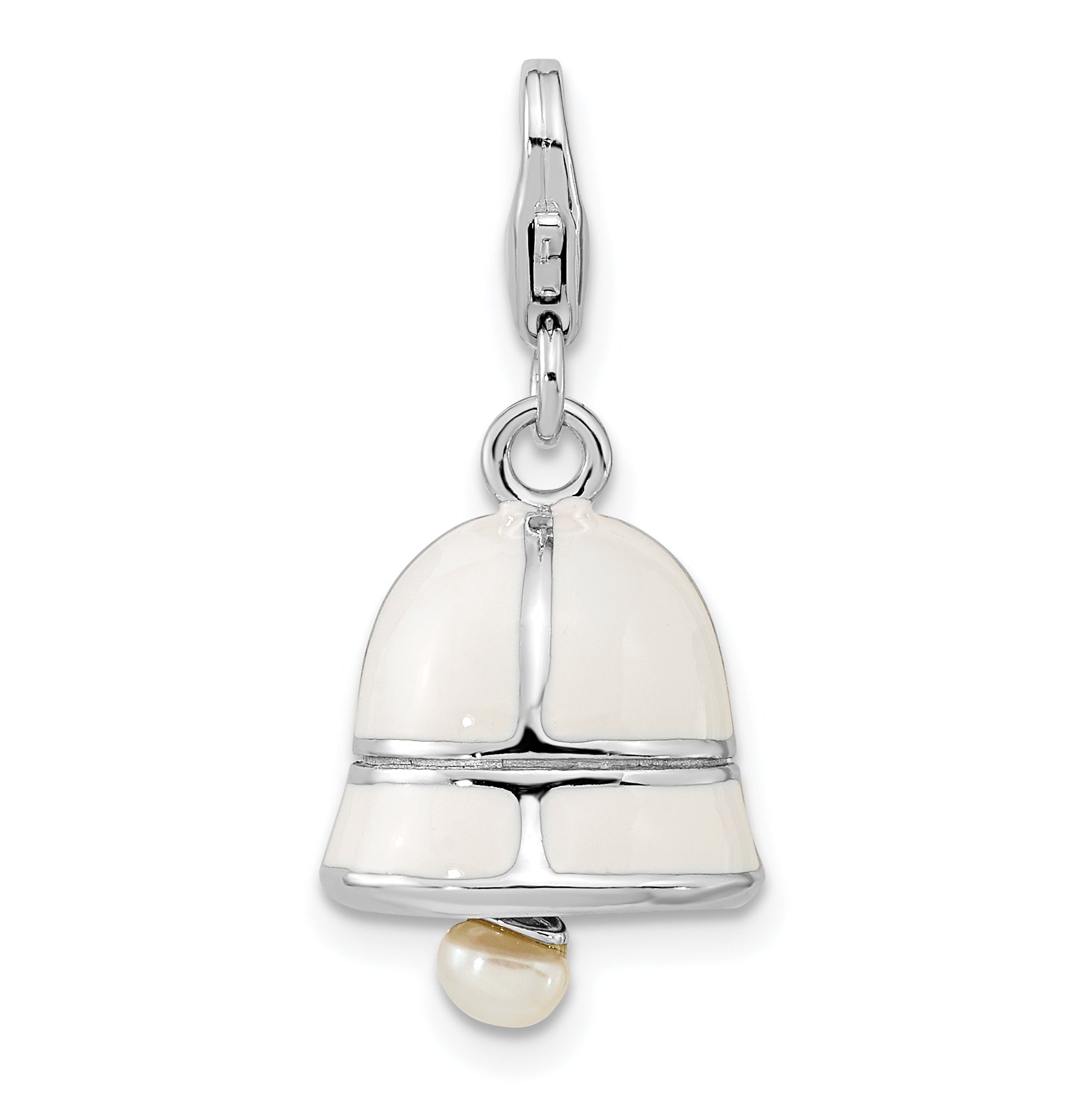 Sterling Silver Amore La Vita Rhodium-Plated Polished 3-D Moveable Freshwater Cultured Pearl White Enameled Bell Charm With Fancy Lobster Clasp