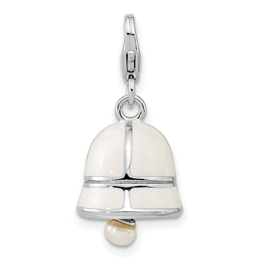 Sterling Silver Amore La Vita Rhodium-Plated Polished 3-D Moveable Freshwater Cultured Pearl White Enameled Bell Charm With Fancy Lobster Clasp