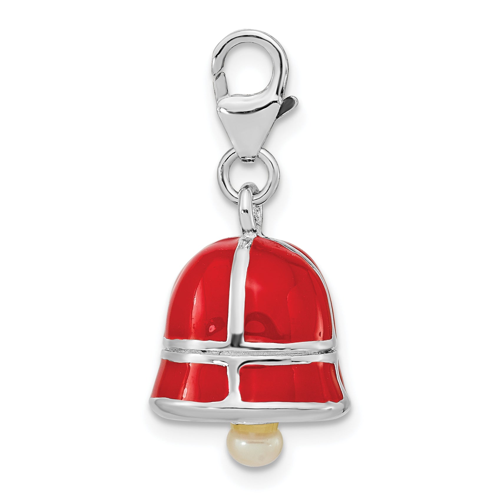 Sterling Silver Ss Rh Fw Cultured Pearl Red Enamel Bell W/Lobster Clasp Charm