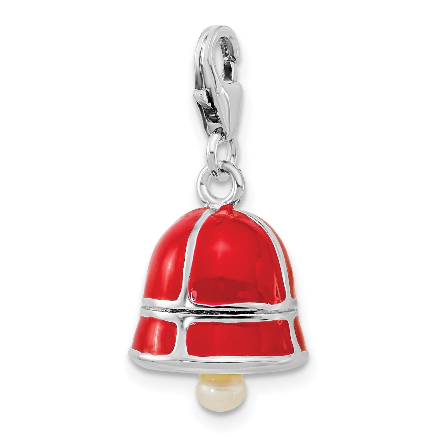 Sterling Silver Ss Rh Fw Cultured Pearl Red Enamel Bell W/Lobster Clasp Charm