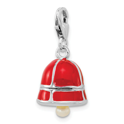 Sterling Silver Ss Rh Fw Cultured Pearl Red Enamel Bell W/Lobster Clasp Charm