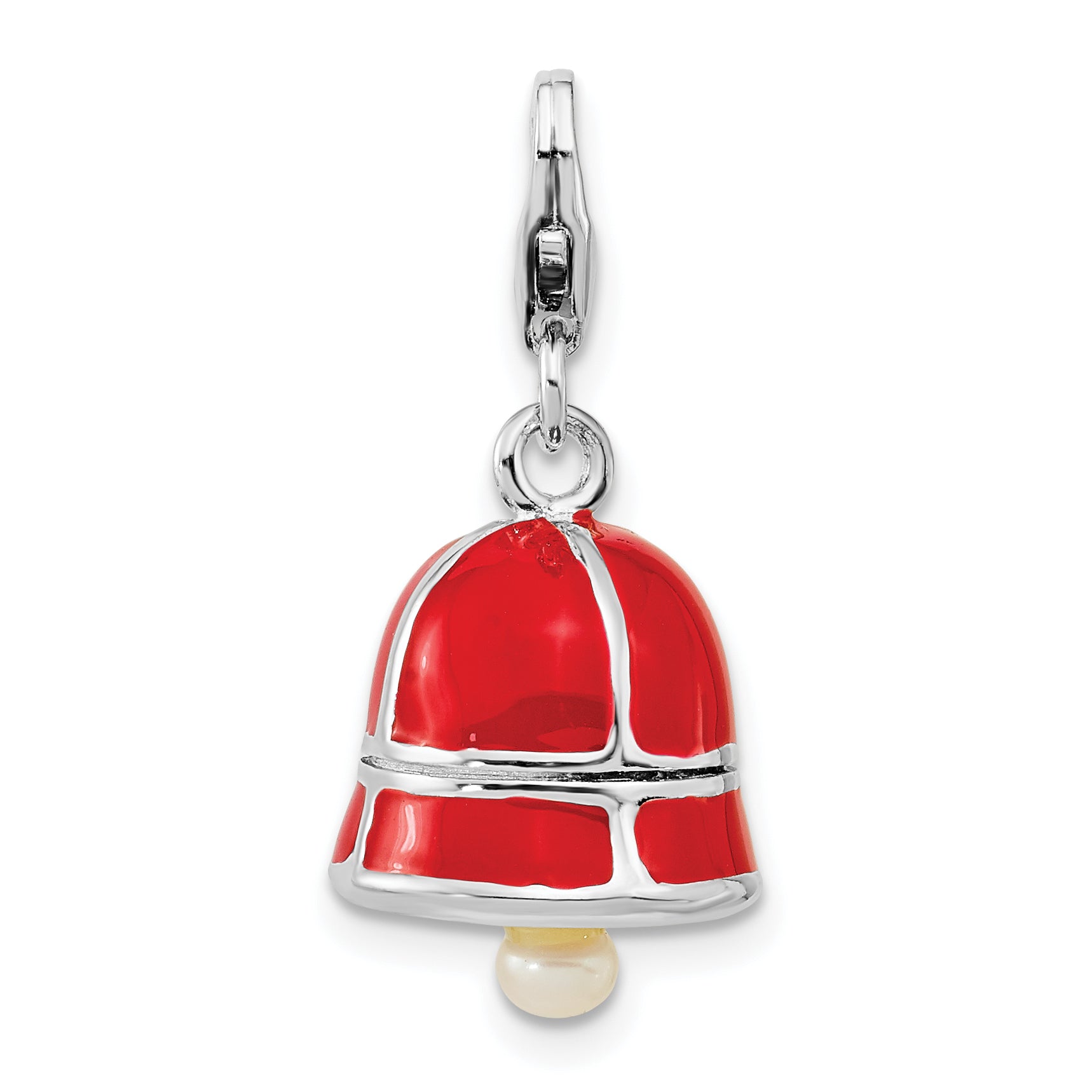 Sterling Silver Ss Rh Fw Cultured Pearl Red Enamel Bell W/Lobster Clasp Charm