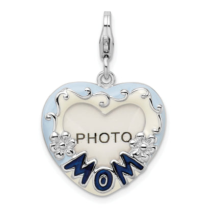 Sterling Silver Amore La Vita Rhodium-Plated Polished Blue Enameled Mom Photo Charm With Fancy Lobster Clasp