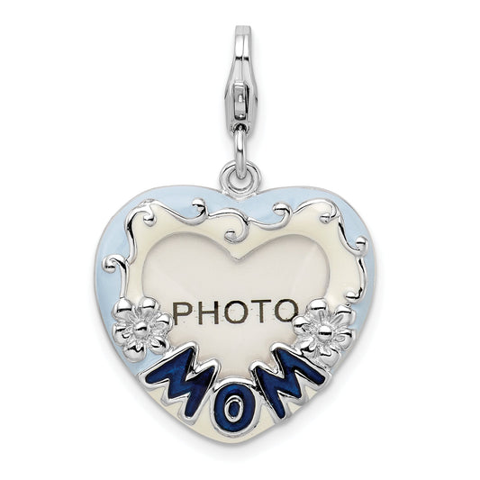 Sterling Silver Amore La Vita Rhodium-Plated Polished Blue Enameled Mom Photo Charm With Fancy Lobster Clasp