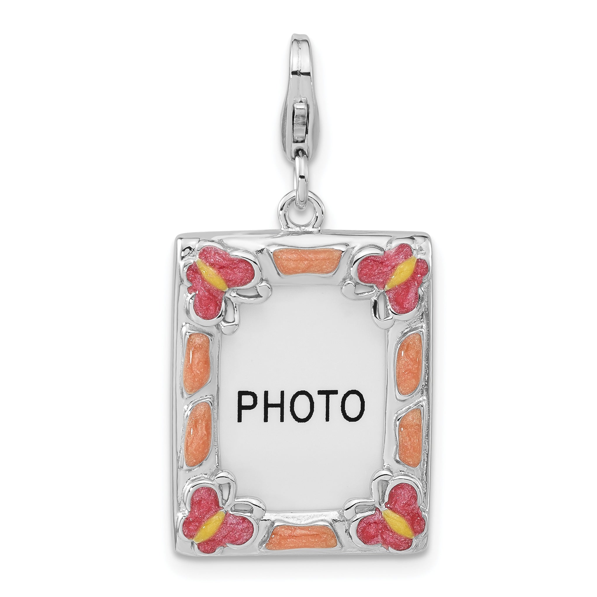 Sterling Silver Rhodium-Plated 3-D Enameled Butterfly Photo Frame W/Lobster Clasp Charm