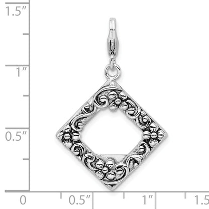 Sterling Silver Amore La Vita Rhodium-Plated Polished Antiqued Photo Charm With Fancy Lobster Clasp