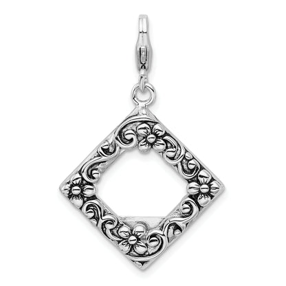 Sterling Silver Amore La Vita Rhodium-Plated Polished Antiqued Photo Charm With Fancy Lobster Clasp