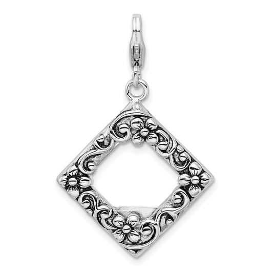Sterling Silver Amore La Vita Rhodium-Plated Polished Antiqued Photo Charm With Fancy Lobster Clasp
