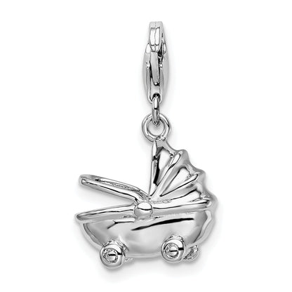 Sterling Silver Amore La Vita Rhodium-Plated Polished 3-D Baby Carriage Charm With Fancy Lobster Clasp