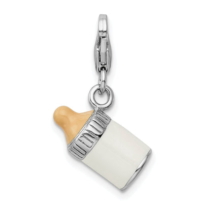 Sterling Silver Amore La Vita Rhodium-Plated Polished 3-D Enameled Baby Bottle Charm With Fancy Lobster Clasp