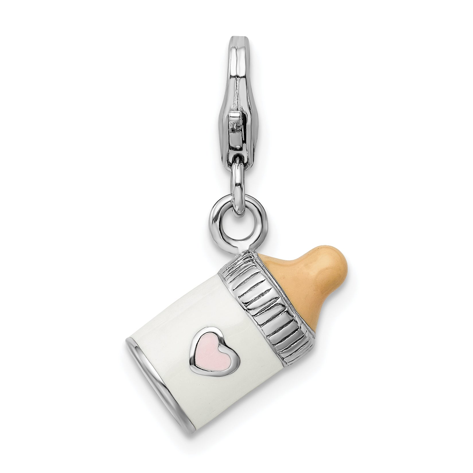 Sterling Silver Amore La Vita Rhodium-Plated Polished 3-D Enameled Baby Bottle Charm With Fancy Lobster Clasp