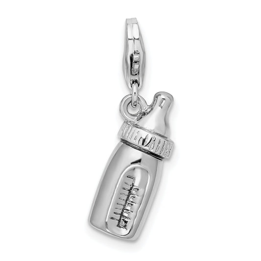 Sterling Silver Amore La Vita Rhodium-Plated Polished 3-D Baby Bottle Charm With Fancy Lobster Clasp
